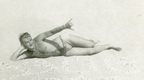 Shirtless Handsome young man bulge beach beefcake affectionate gay vtg photo