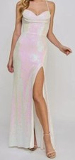 B Darlin Womens Juniors White Sequined Cowlneck Lace Up Gown Dress Size 3/4