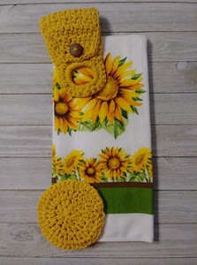 Crochet Kitchen Towel Holder Hanger Yellow Gold Sunflower Sponge