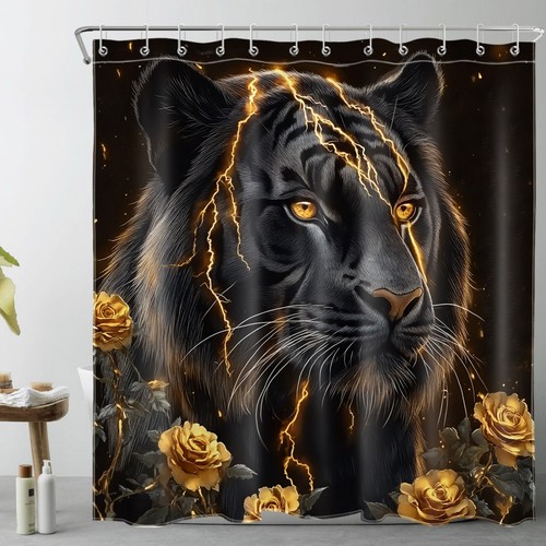 Rose Wild Animal Tiger Black and Gold Shower Curtain Bathroom Accessories Set - Picture 14 of 23