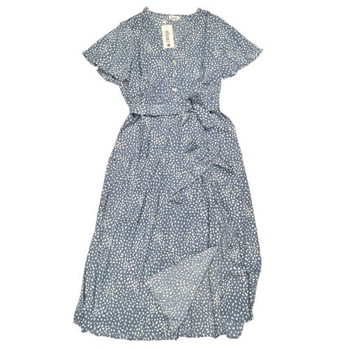 Women's Large Blue Short Sleeve Pattern Side Slit Summer Maxi Long Boho Dress