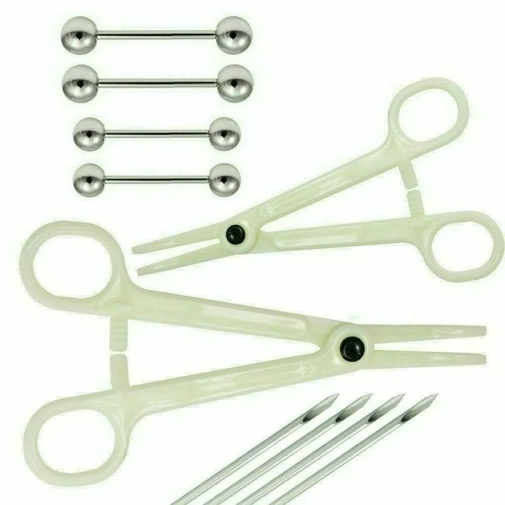 Basic KIT 10pc Body Piercing Kit 14G Steel Nipple Barbell Tongue