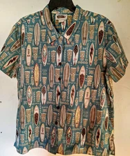 Reyn Spooner - Art Of Eddy Y- Surfboards Tiki Hawaiian Cotton Vintage Shirt sz L