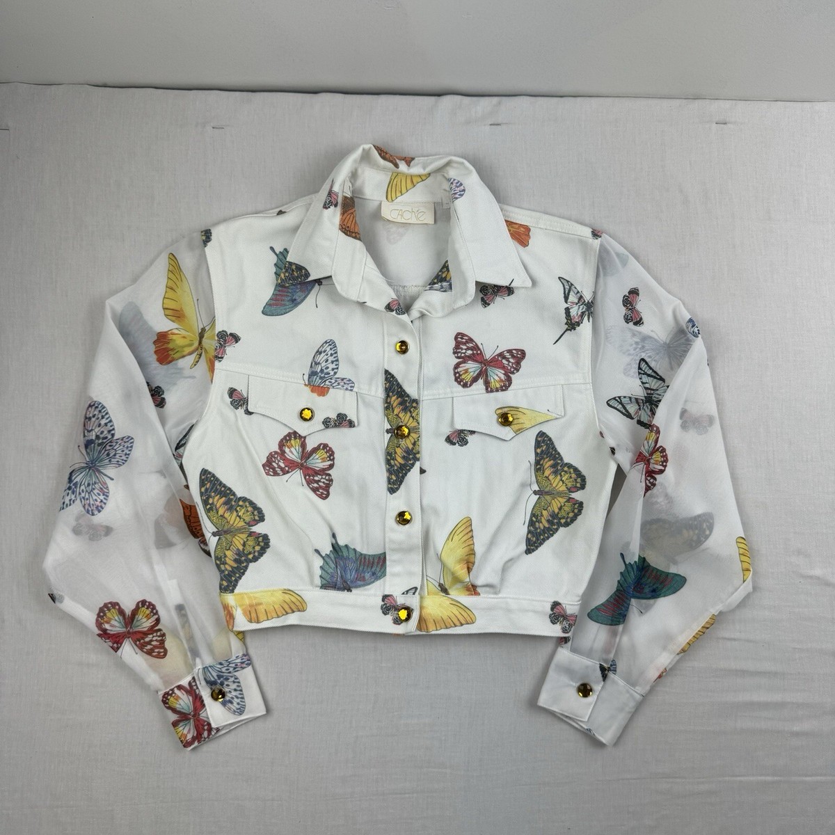 Vintage Butterfly Denim Jacket Womens XS White Colorful Sheer