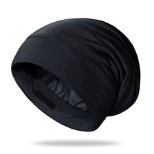 Silk-Bonnet for Curly Hair, Silk Hair Bonnet for Sleeping, Unisex, Medium, Black