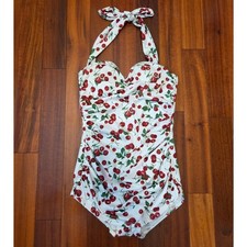 Vintage 80s 90s One-piece Halter Swimsuit Sz8 Cherry Design Rouche Waist