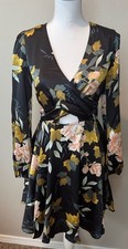 Baltic Born Black Pink Gold Floral Wrap Tie Keyhole Midi Dress S