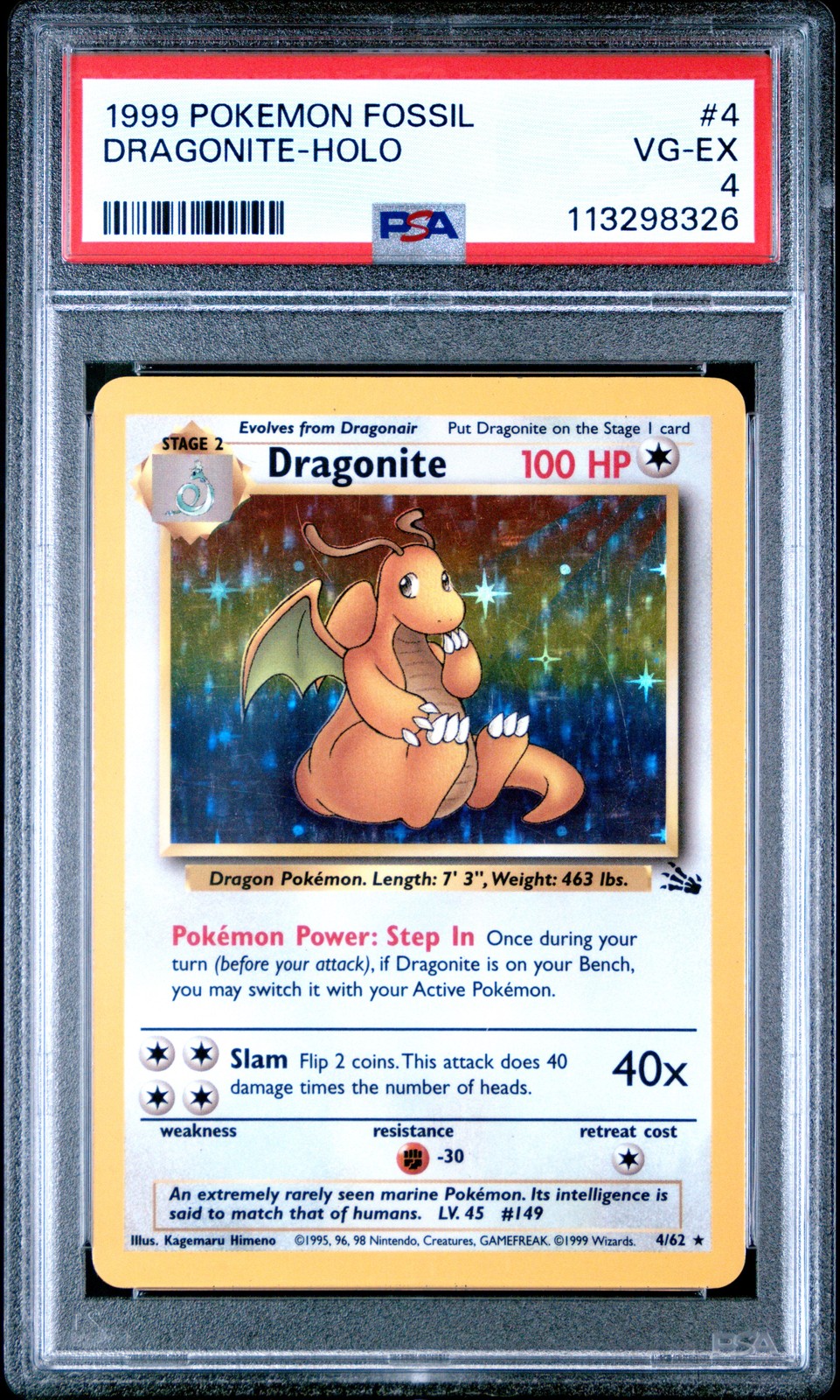 1999 POKEMON FOSSIL #4 DRAGONITE-HOLO PSA 4