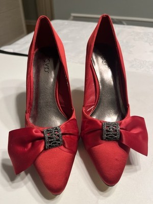 RSVP Red Satin Bow Rhinestones Leather Sole Pumps Sz 6M