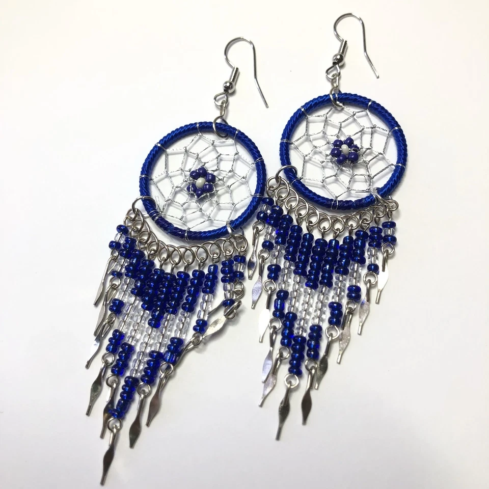 Brincos pendurados com miçangas de sementes longas apanhador de sonhos nativos joias artísticas feitas à mão - Imagem 3 de 4