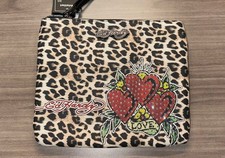 NWT Ed Hardy Cheetah Leopard 3 Hearts Love Wristlet Wallet Rhinestones