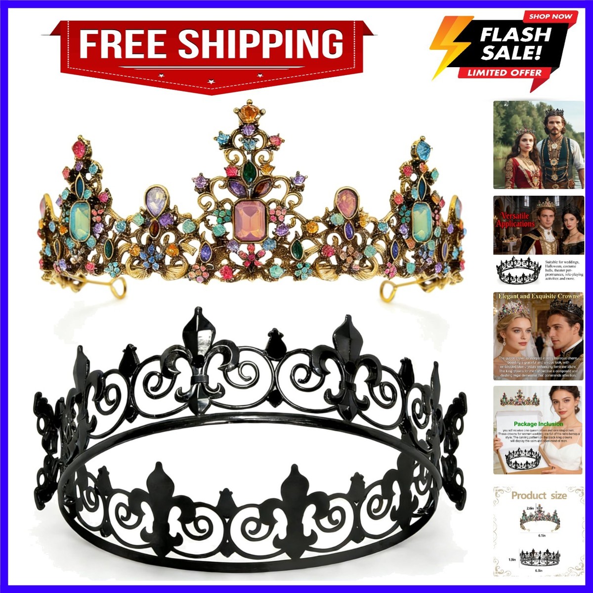 3585 2 Pieces Baroque Crown King and Queen Crown Set Black Rhinestone King and Queen Crowns Set - Black Rhinestone Crystal Royal  main image 2