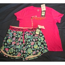 Under Armour Girls Pink Playmaker T-Shirt and Floral Shorts Set 2 Piece NWT YL