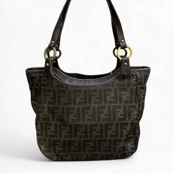 Fendi Zucca Logo Brown Canvas Leather Shoulder Bag Gold Hardware