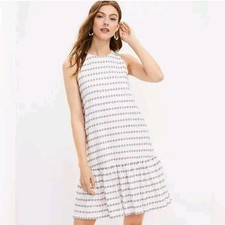 Loft Textured White Red Black Embroidered Stripe Flounce Swing Dress; Size S
