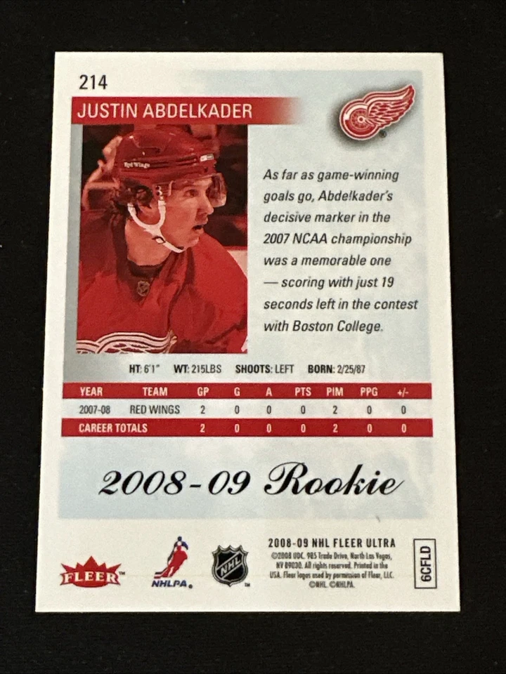 2008-09 Fleer Ultra Rookies 214 Justin Abdelkader Detroit Red Wings - Image 2 of 2