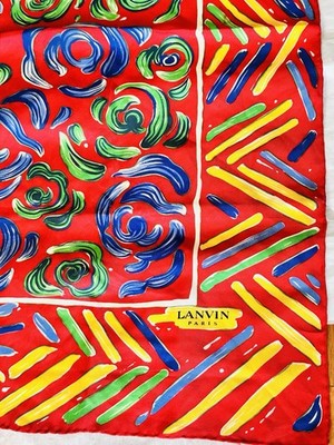 Lanvin Scarf Red Blue Yellow Geometric Floral 33'' X 33'' Hand Rolled