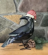 Primitive Recycled Metal Black Crow with Santa Claus Hat Christmas Decor