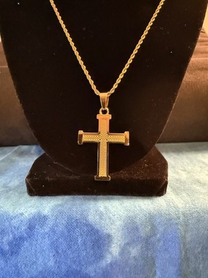Gold color Cross, Cable Chn. 22 In. Stain. Stl.  2 In. From Bale To Tip Of Cross