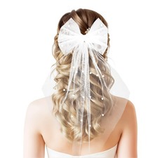Pearl Bridal Hair Veil Clip - Elegant Bachelorette Bow with Barrette, White T...