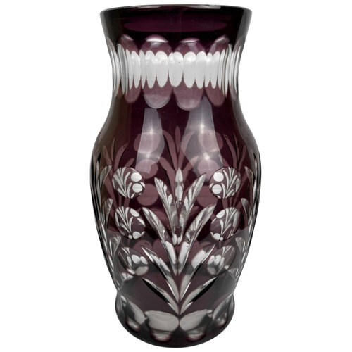 Vintage Purple Cut to Clear Glass Vase Bohemian Czech 9.25” Tall