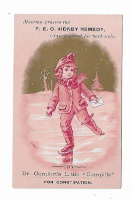 Quack Medicine Trade Card F.E.C. Kidney Remedy Dr Comfort Compills Ice Skater