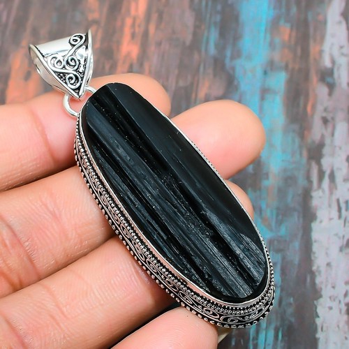 Black Tourmaline Gemstone Handmade Gift Jewelry Pendant 2.36" t497 - Picture 1 of 4