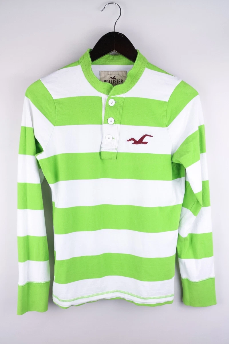 Hollister Men T Shirt Long Sleeves Casual Green Striped Cotton