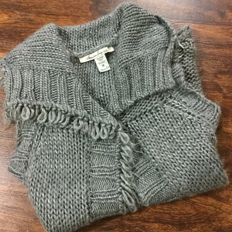 Cárdigan Suéter AMERICAN RAG Estilo Abierto Grueso Tejido Lana Gris Para Mujer Talla M Foto 4 de 4