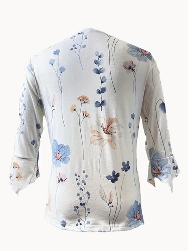 New Women Floral Print Notched Neck Blouse Casual Button Front Clothing White - Picture 2 of 5