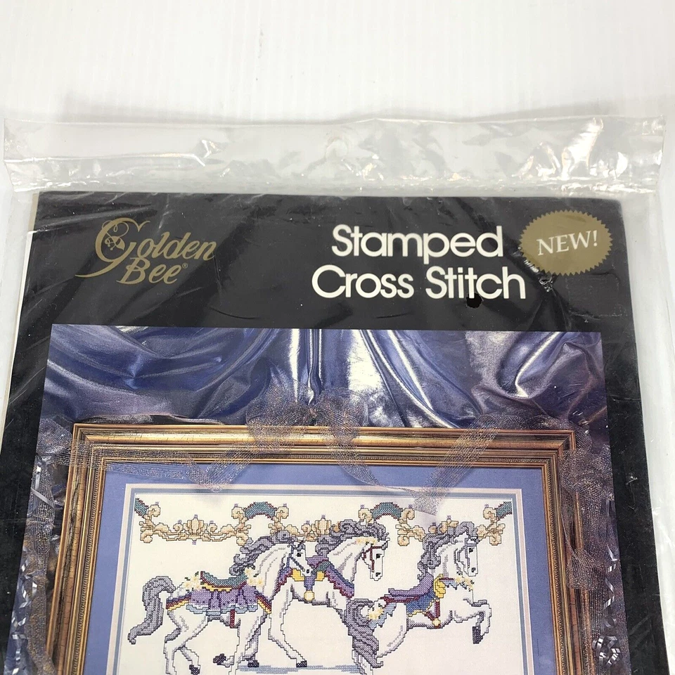 Golden Bee Stamped Cross Stitch Kit Carousel Horses Picture 20409 Vintage New - Image 3 of 4