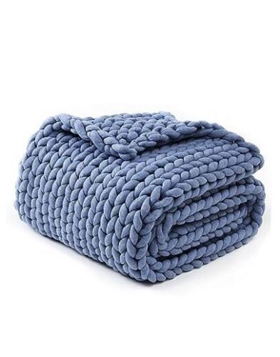 Chunky Throw Blanket, Medium-Weight, Hand Knitted, 50 x 70 Inch Cerulean Blue