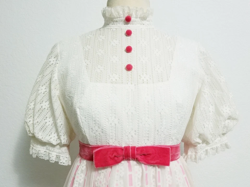 Vestido de encaje blanco eduardiano vintage años 60 terciopelo rosa Burnout margaritas boda Foto 2 de 3