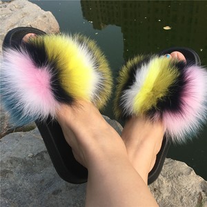 rainbow fox fur slides