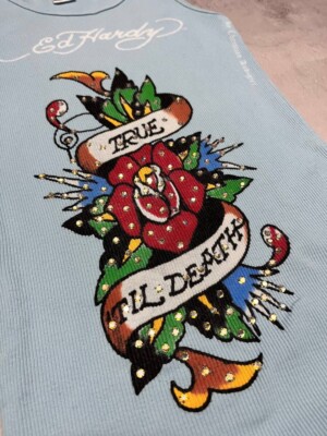 Ed Hardy Vintage Slim Tank Top Dress Tattoo Logo Blue One