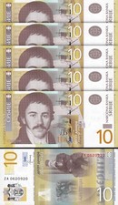 Serbia 10 Dinara, 2013, Replacement, 5 pcs Lot, Consecutive,Prefix ZA, Unc, P-54