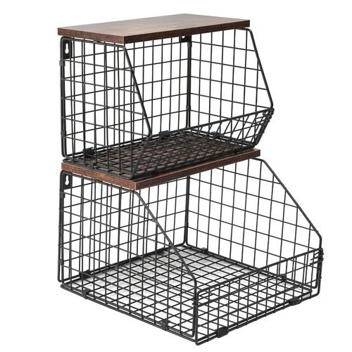 2pcs Draht stapelbar Körbe Küche Obst Korb Wand Drahtkörbe mit Holzdeckel Metall - Bild 4 von 9