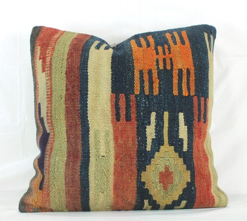 Decorative Turkish Navy Orange Kilim Pillow Cover 20" Green Kilim Throw Cushion