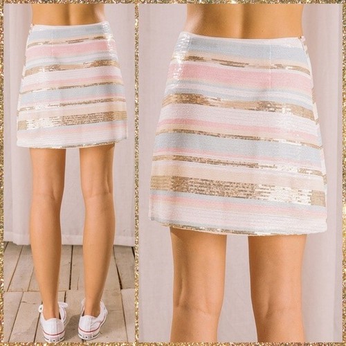 STORIA Sizes S - L Quality Sexy Pastel Color Sequin Mini Skirt Lining, Side Zip - Picture 3 of 14