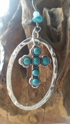 Native american silver turquoise cross crystal earrings spiritual CLEANSED - Picture 2 of 12