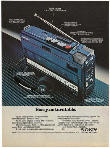 Vintage Print Ad Sony Soundabout AM/FM Cassette-Corder - Nov 1982 - Picture 1 of 5