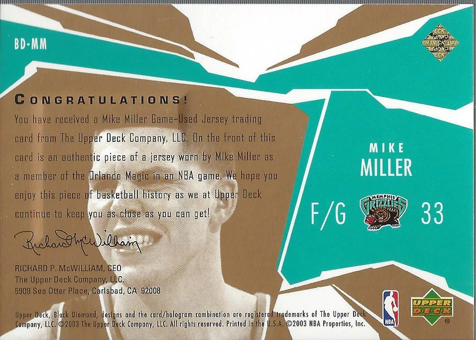 2003-04 Black Diamond Jerseys Gold #BDMM Mike Miller Jersey/100 - Image 2 of 2