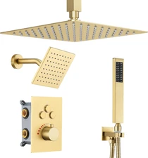 Brushed Gold Thermostatic Shower System with Ceiling 12-Inch Rainfall Shower & W