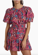 NWT FARM Rio Birds Blush Floral Puff Sleeve Belted Cotton Blend Dress in size XL