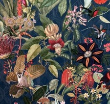 Jungle Forest Printed Blue Velvet Art Deco Fabric Home Upholstery Furnishing