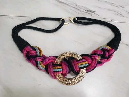 Vintage Women's M/L Black Macrame Braided Beaded Pearl Rope Belt 80s statement - Picture 10 of 10
