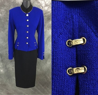 BEAUTIFUL St John collection knit blue black jacket skirt suit 4