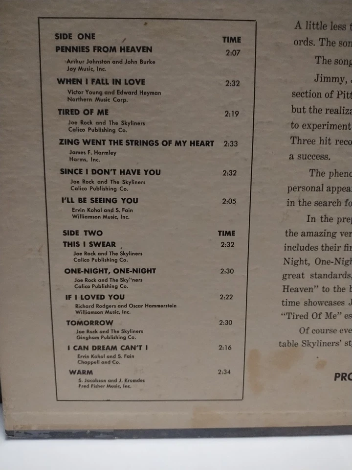 THE SKYLINERS Scarce Doo-Wop FIRST PRESS 1959 DG CALICO LP Jimmy Beaumont HEAR! - Image 4 of 4