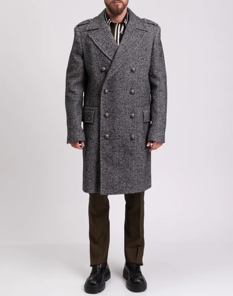 RRP €1700 BALMAIN Coat IT54 US46 XXL Wool Blend Double Breasted Herringbone - Image 3 of 4