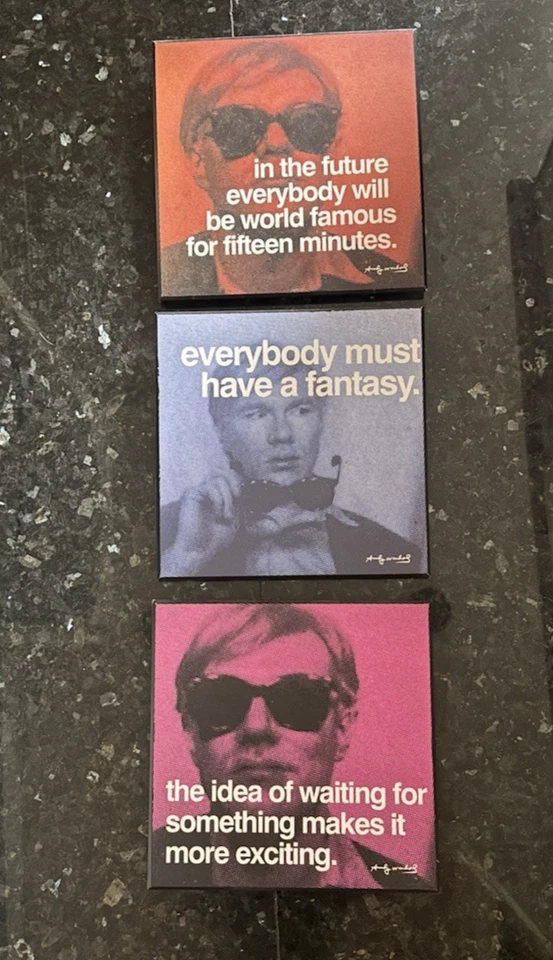 Tres impresiones de madera en capas de Andy Warhol de 9,75 x 9,75" arte pop de pared azul rosa naranja Foto 4 de 4